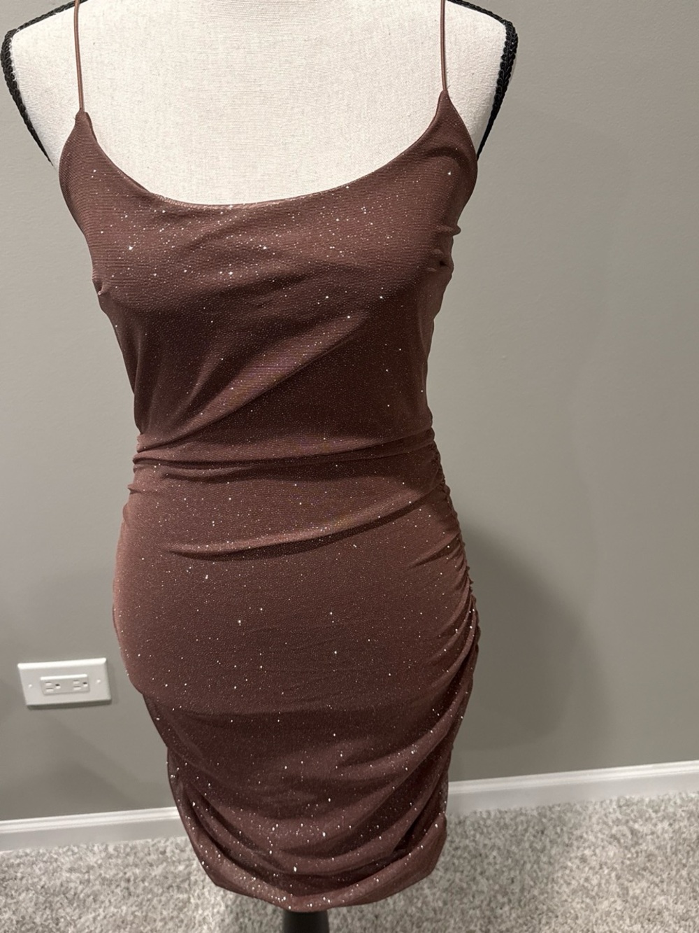 Windsor Brown Sparkle Ruched Spaghetti-Strap Mini Dress